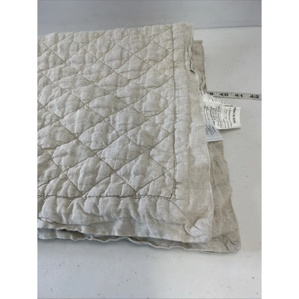 Pottery Barn Kids Quilt 50x36 Toddler Beige Diamond Stitch 100% Linen